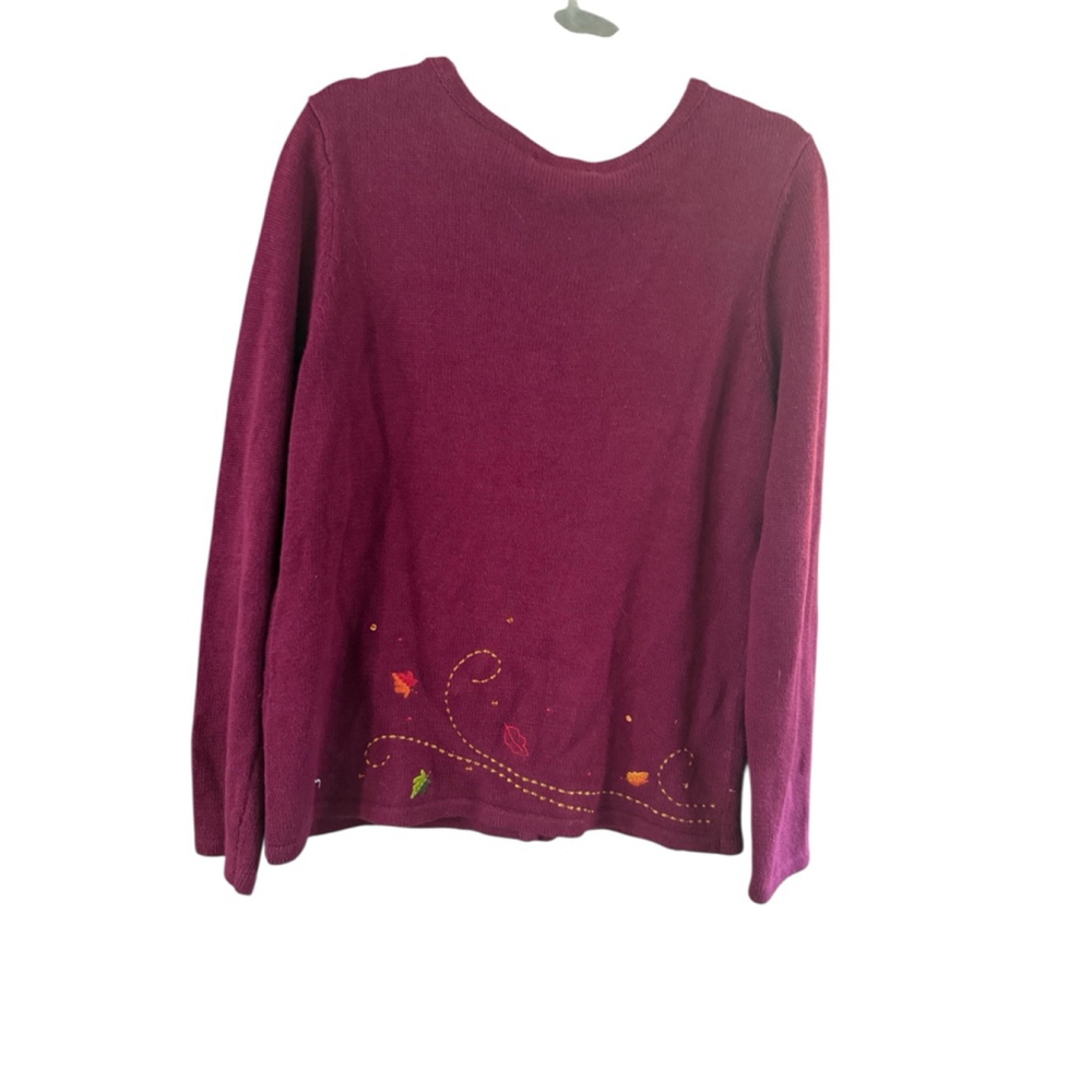 Women's Christopher & Banks Burgundy Cardigan with Fall Leaves, Size L - Picture 3 of 9